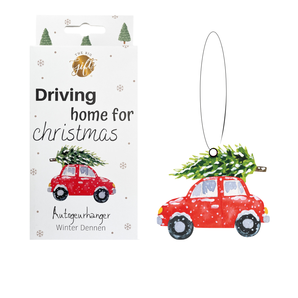 geurhanger in de vorm van een auto met een kerstboom erop en doosje met de tekst driving home for christmas