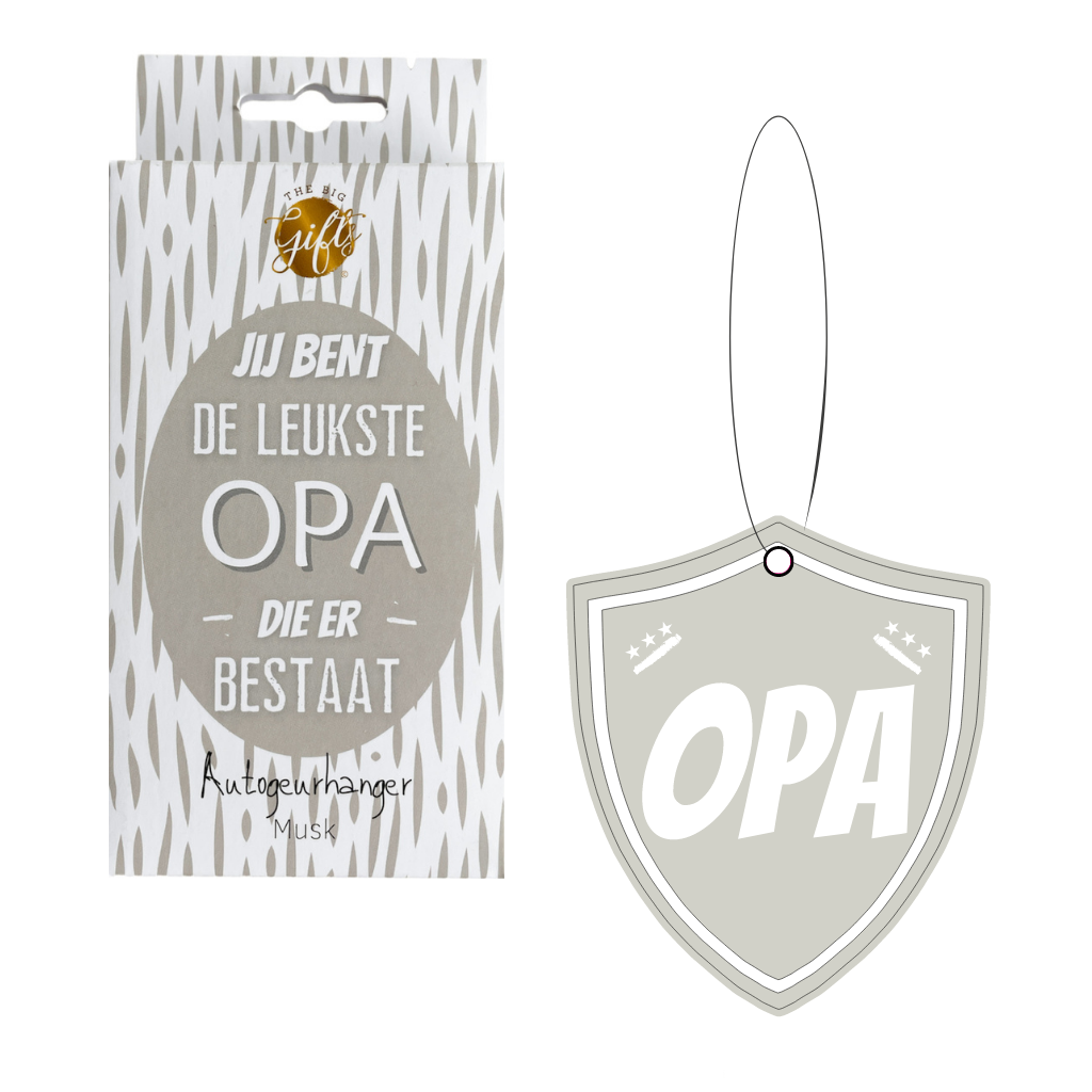 geurhanger met de tekst opa erop en een doosje met de tekst jij bent de leukste op die er bestaat