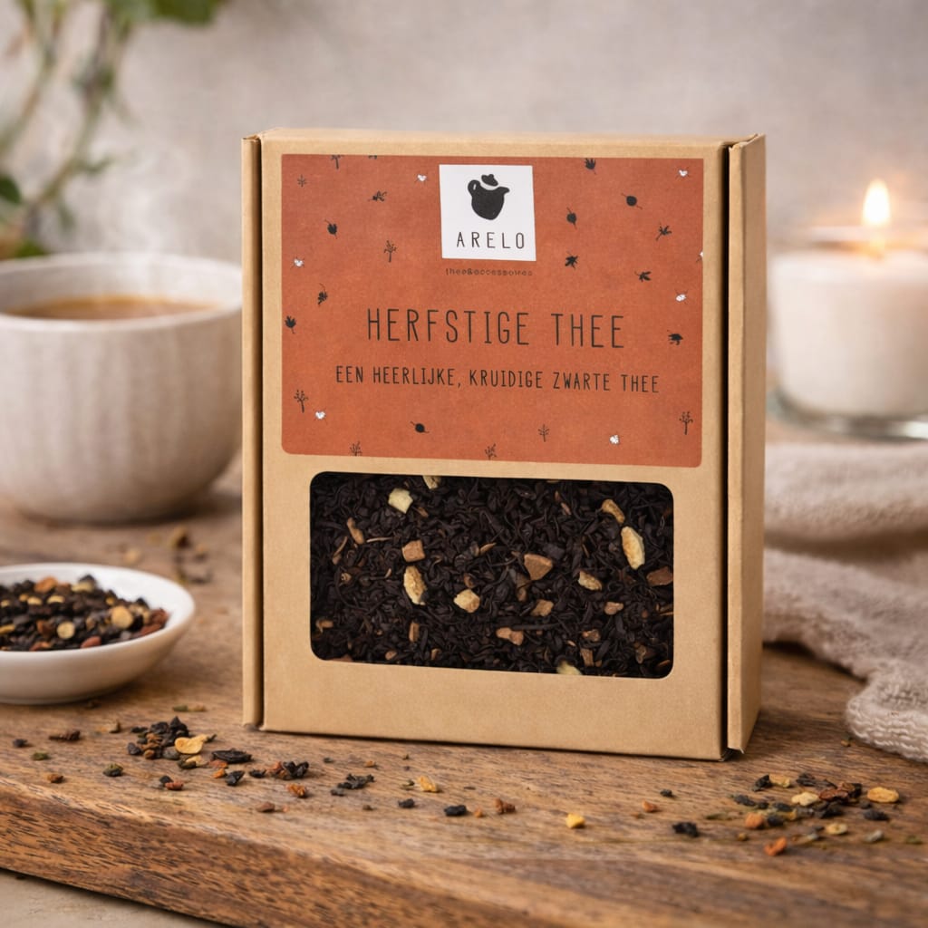 bruin doosje met losse thee en de tekst herfstige thee