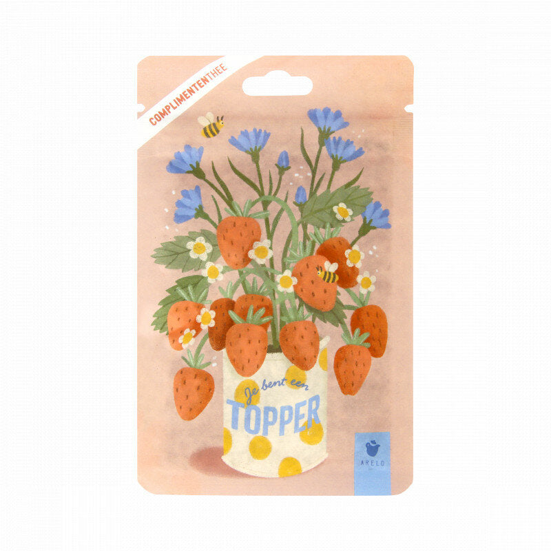 losse thee in een zakje met bloemen erop en de tekst je bent een topper