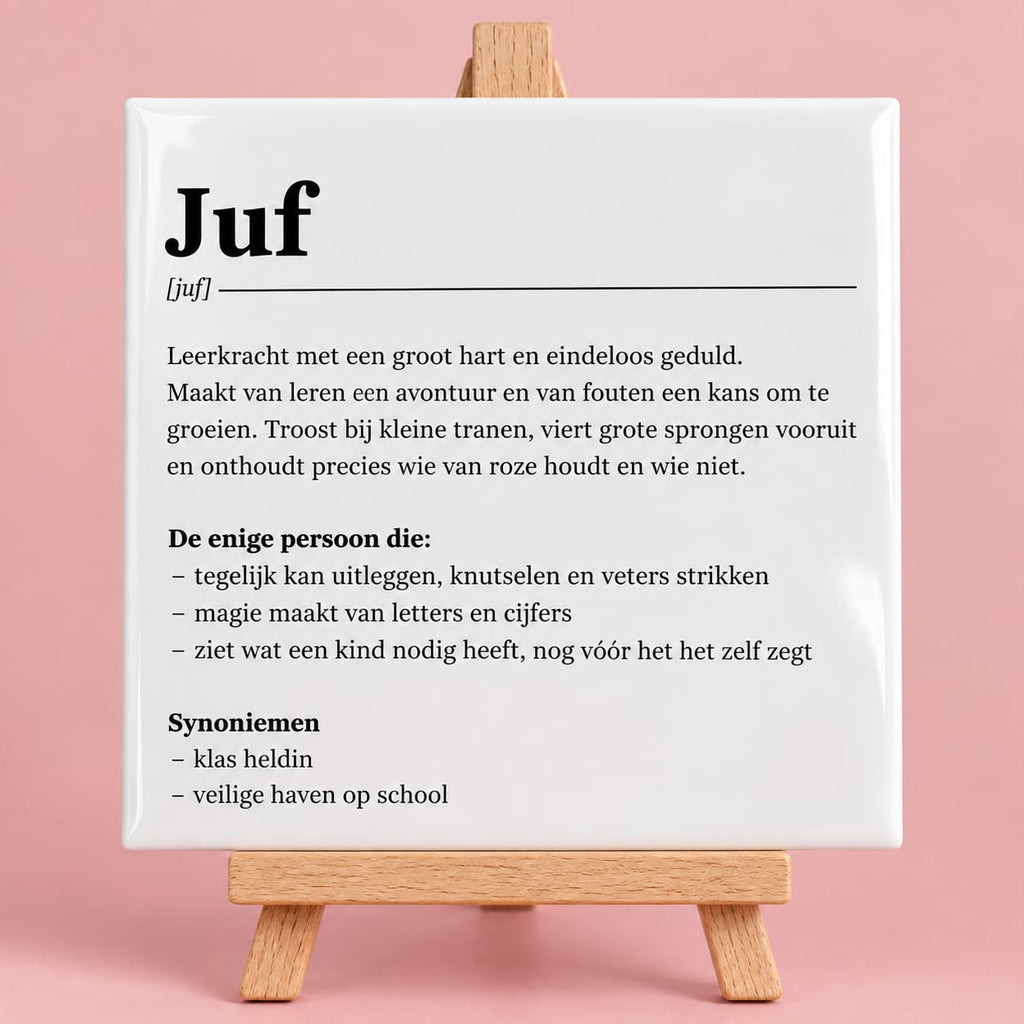 Witte keramieken tegel met de tekst juf