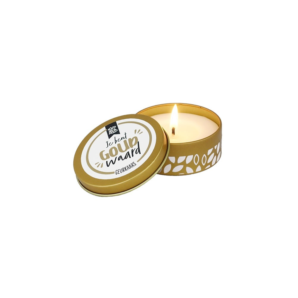 Goud Blikje met geurkaars en de tekst je bent goud waard