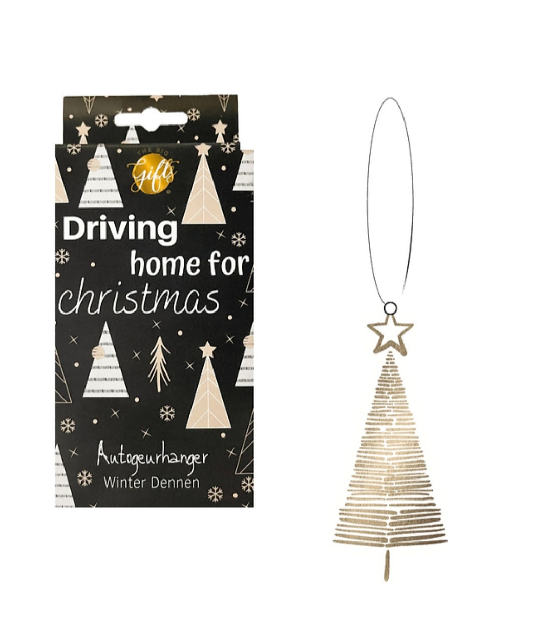 Geurhanger in de vorm van een kerstboom en met zwart doosje driving home for christmas