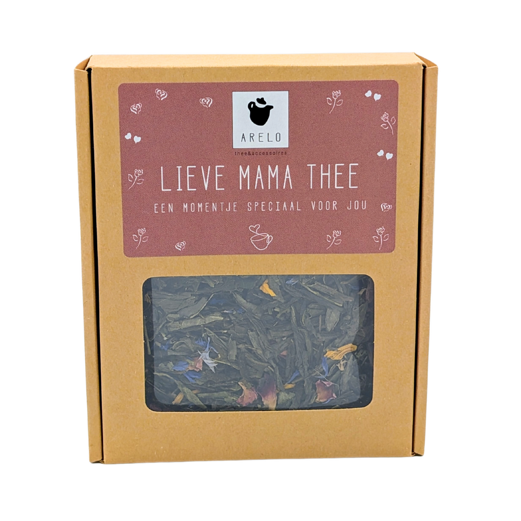 Bruin theedoosje met de tekst lieve mama thee en gevuld met losse thee