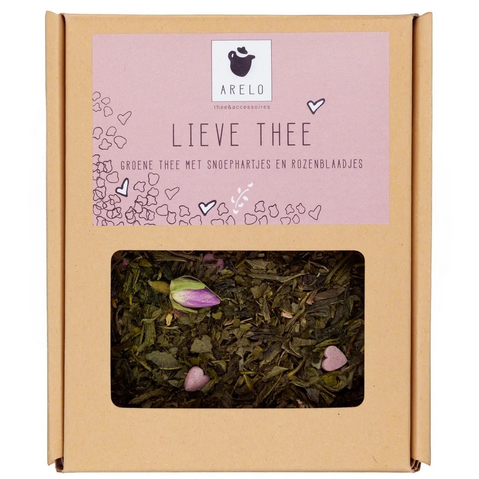 bruin doosje gevuld met losse thee en de tekst lieve thee