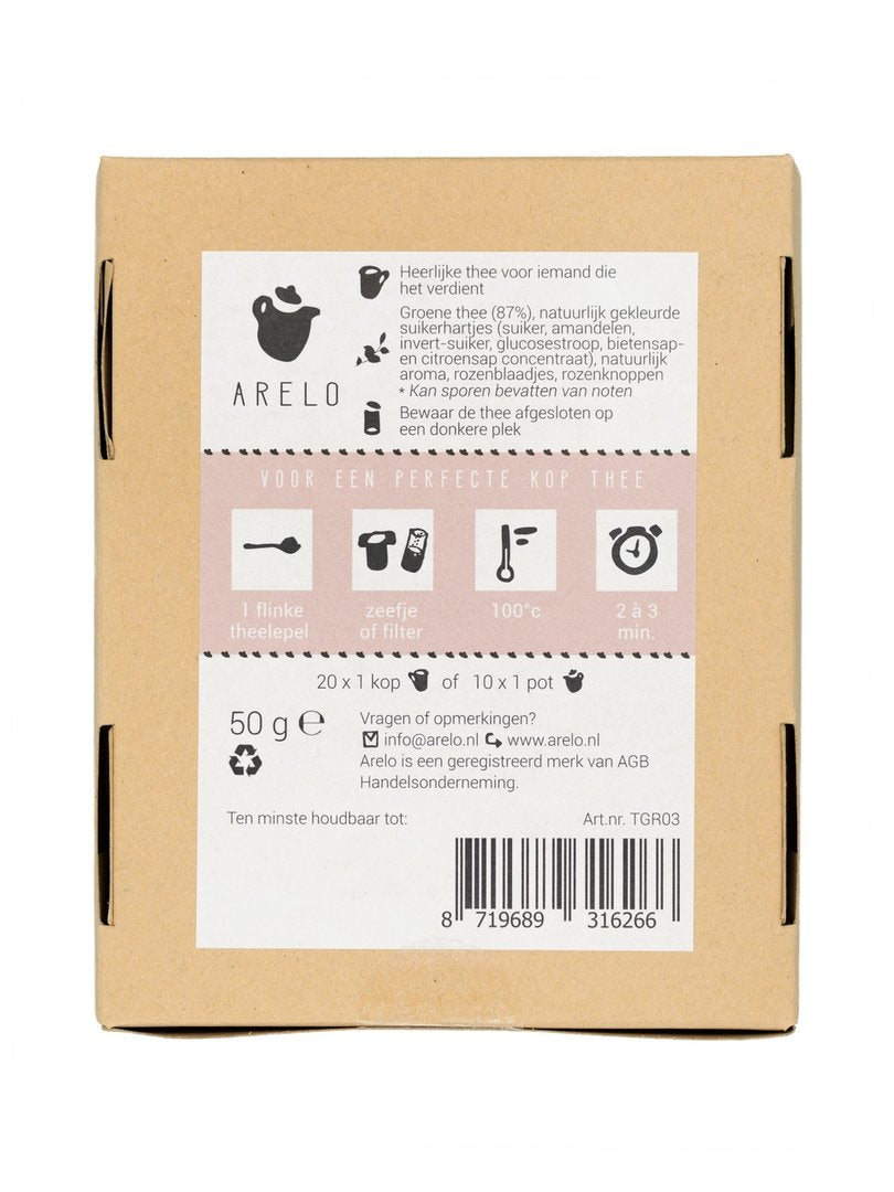 achterkant bruin doosje gevuld met losse thee en de tekst lieve thee