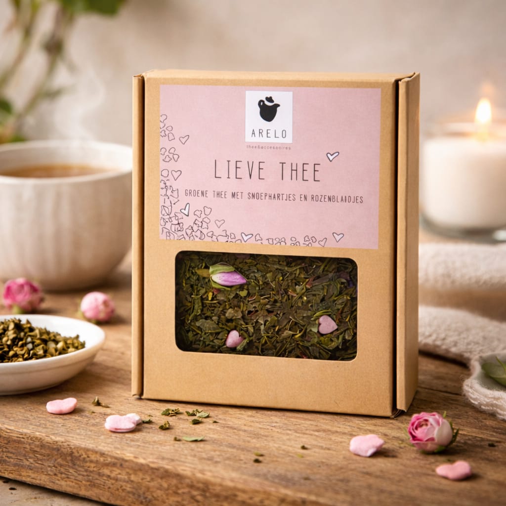 bruin doosje gevuld met losse thee en de tekst lieve thee