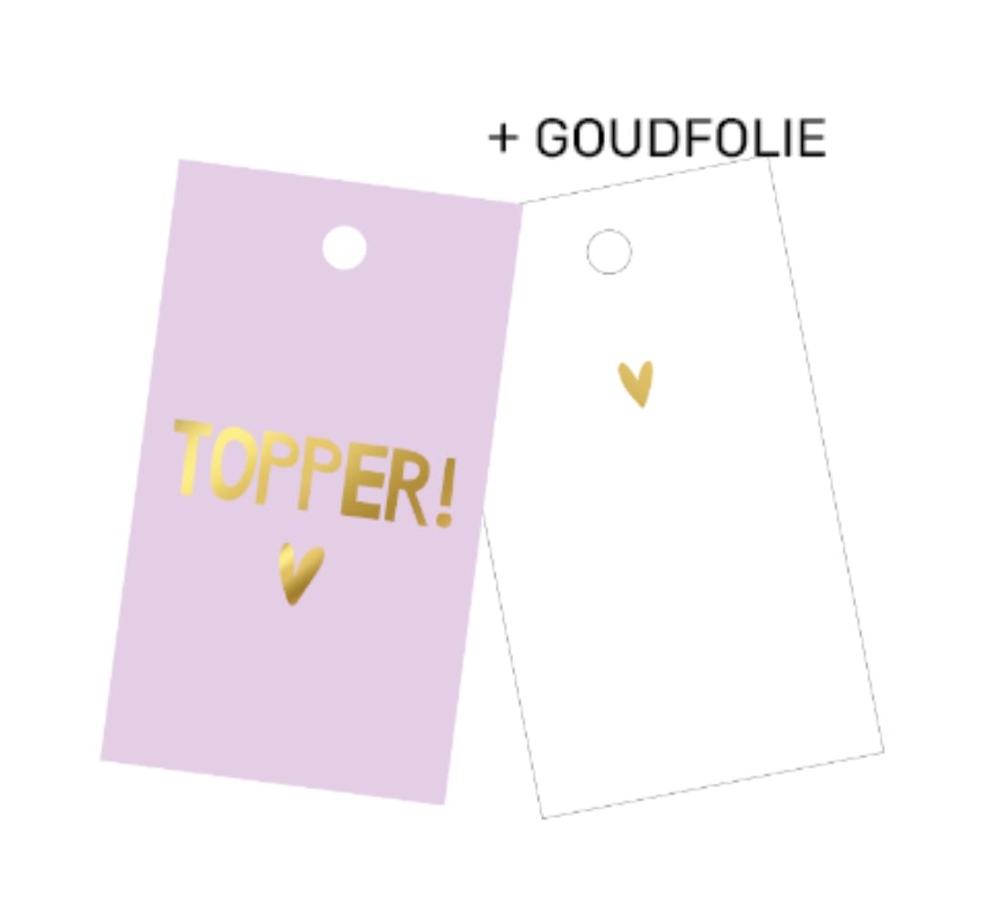 paars minikaartje met gouden letters en de tekst topper!