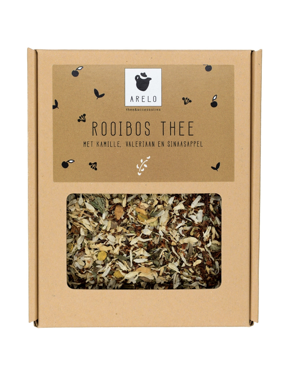 losse rooibos thee in een vierkant bruin doosje