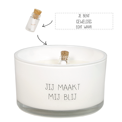 Witte sojawaskaars in glas met de tekst jij maakt mij blij