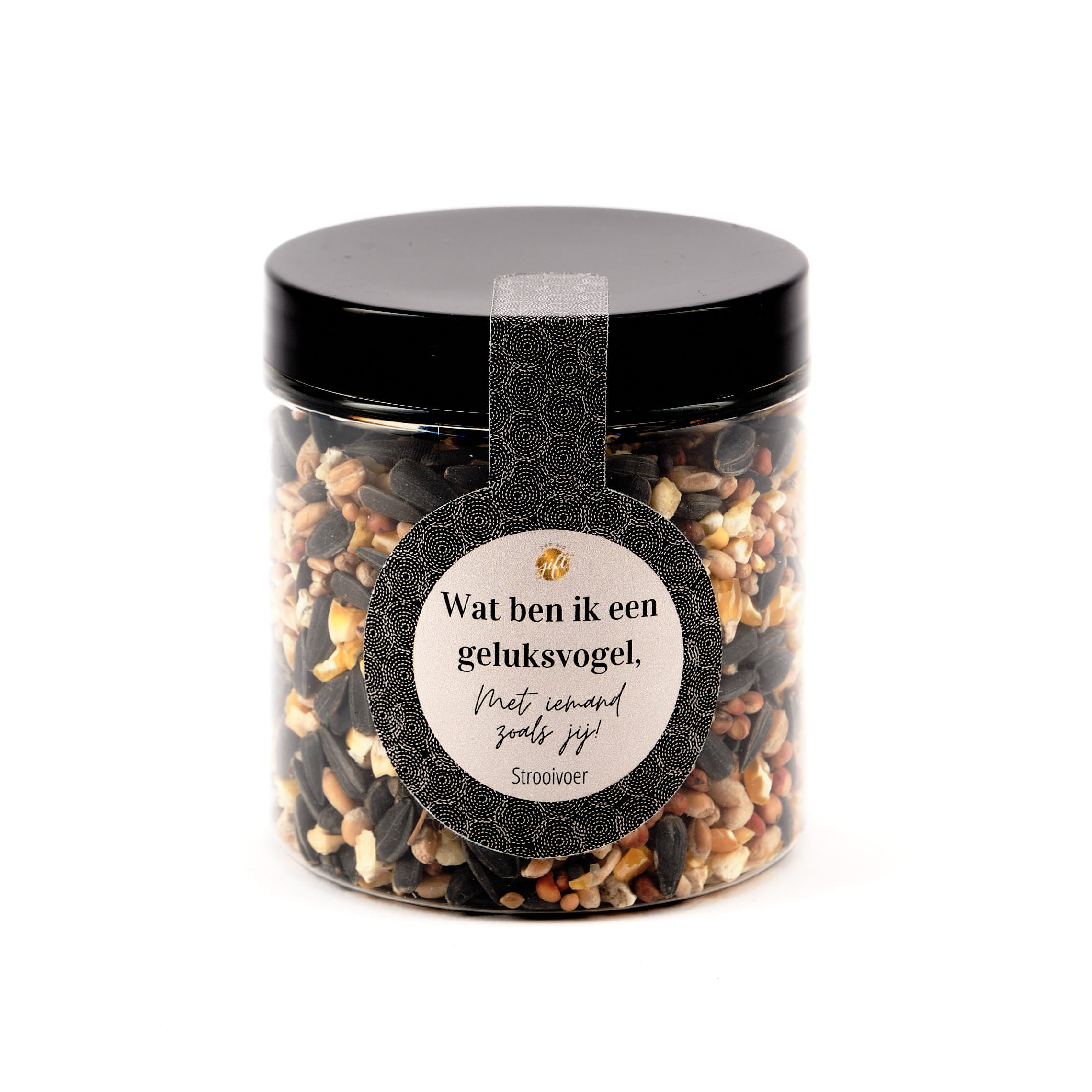 strooivoer in een potje met de tekst wat ben ik een geluksvogel met iemand zoals jij