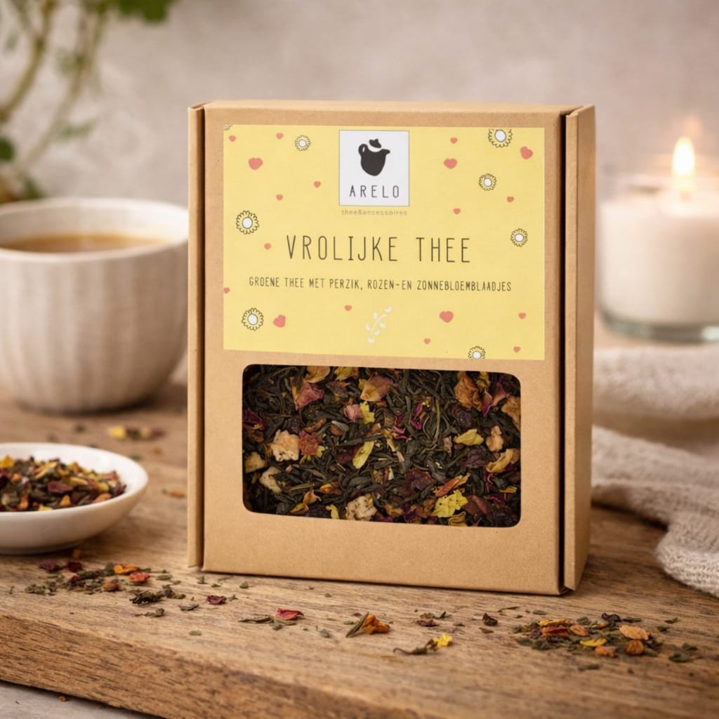 Rechthoekig doosje gevuld met losse thee en gele opdruk 'vrolijke thee'