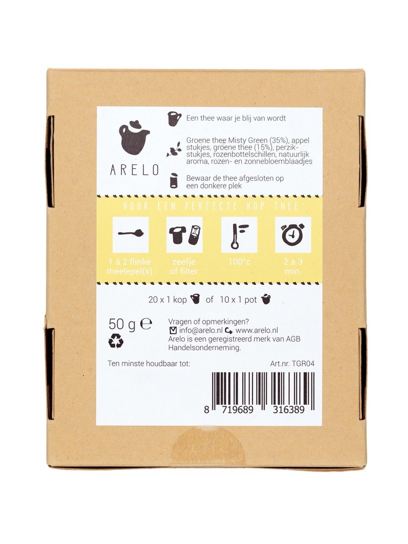 Rechthoekig doosje gevuld met losse thee en gele opdruk 'vrolijke thee' achterkant
