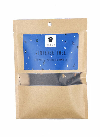 bruin zakje met losse thee en de tekst winterse thee