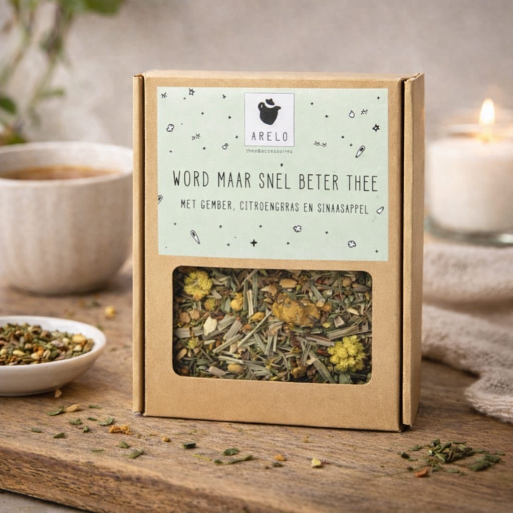 bruin doosje met losse thee en de tekst word maar snel beter thee