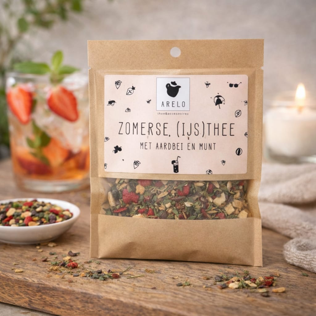 zomerse ijsthee met aardbei en munt in zak