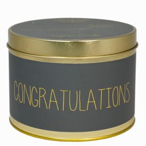 Sojawas kaars in blik met de tekst Congratulations